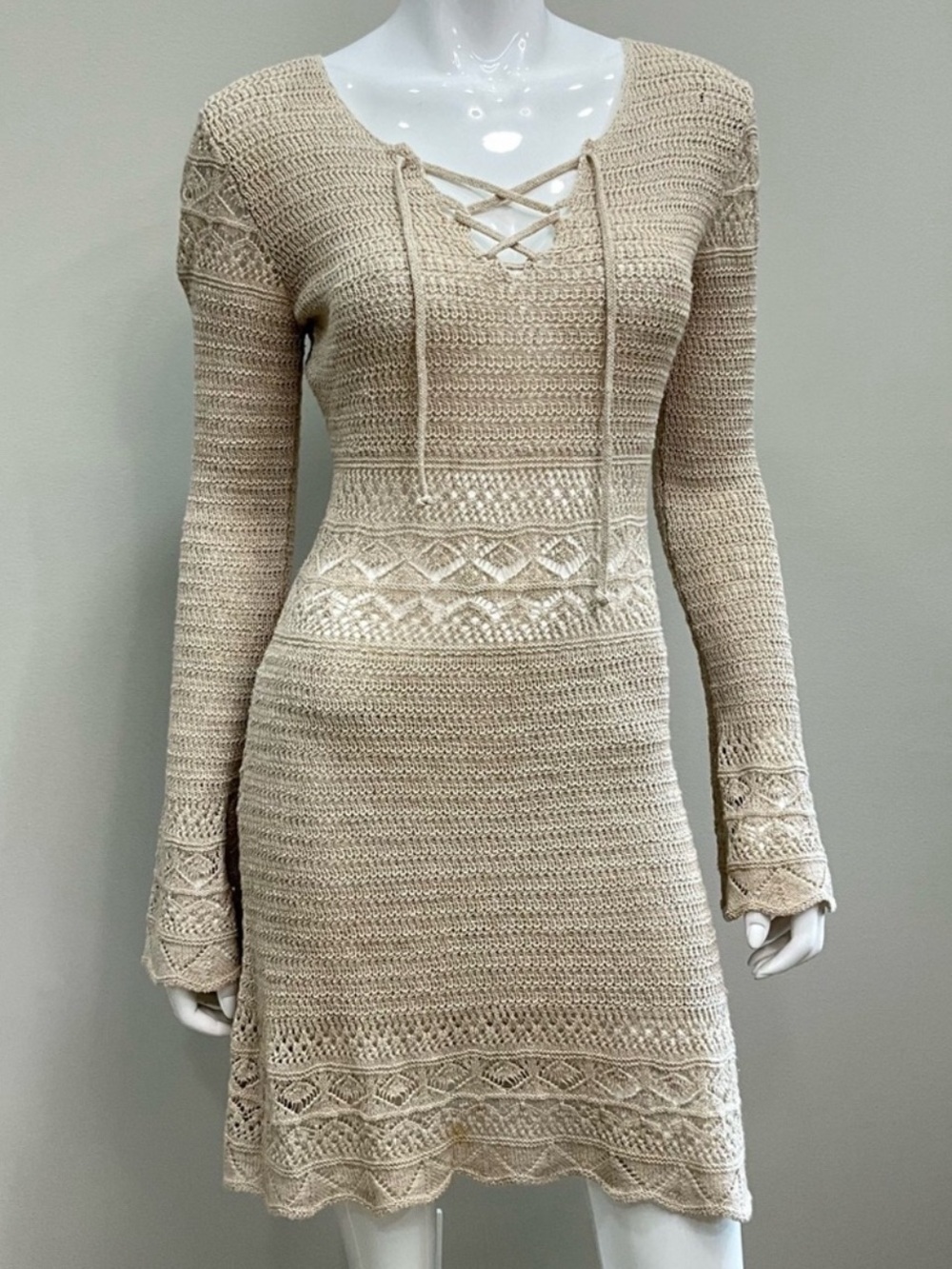 ZARA Cream Crochet Knit Lace-Up Bell Sleeve Mini Dress Boho Festival Sz S